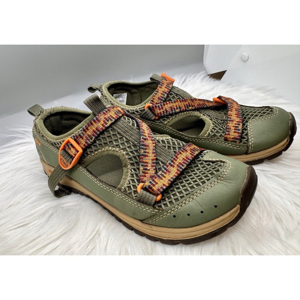 Chaco Odyssey Kids Junior Sandals Size 2 Green/Tan and Orange Buckle Closure...